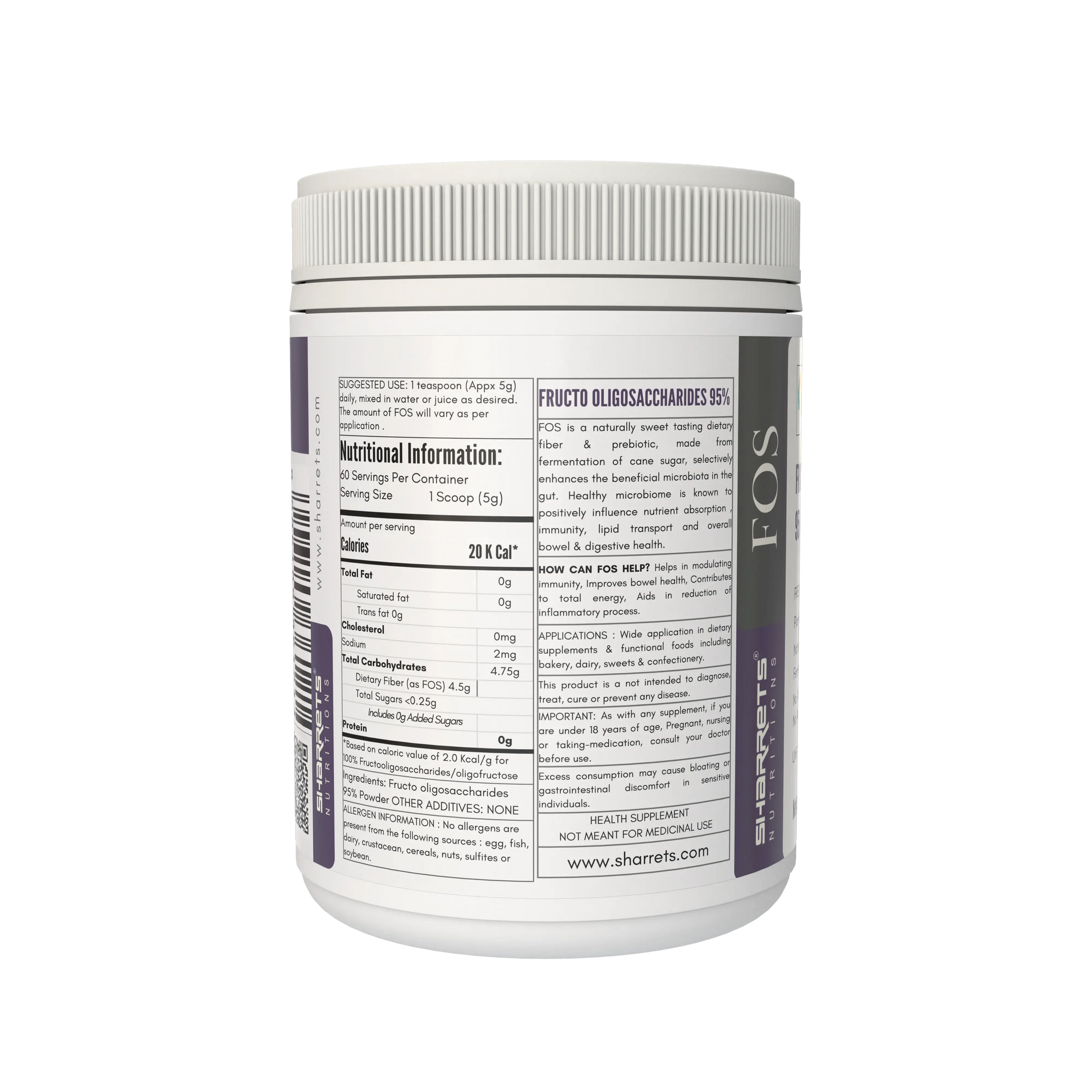 Fructooligosaccharides FOS 95% Powder Nutritional Facts and Supplement Information Label