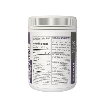 Fructooligosaccharides FOS 95% Powder Nutritional Facts and Supplement Information Label