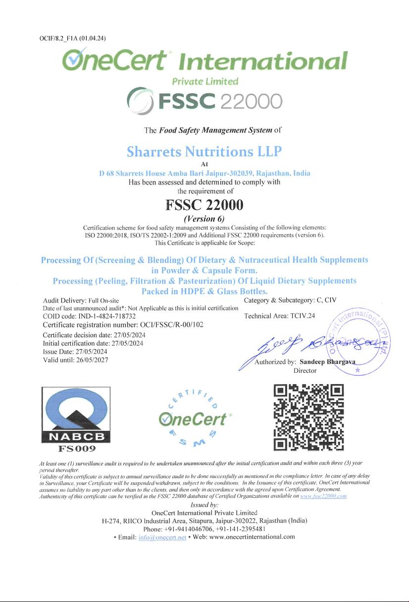FSSC 22000 Certificate- Sharrets Nutritions