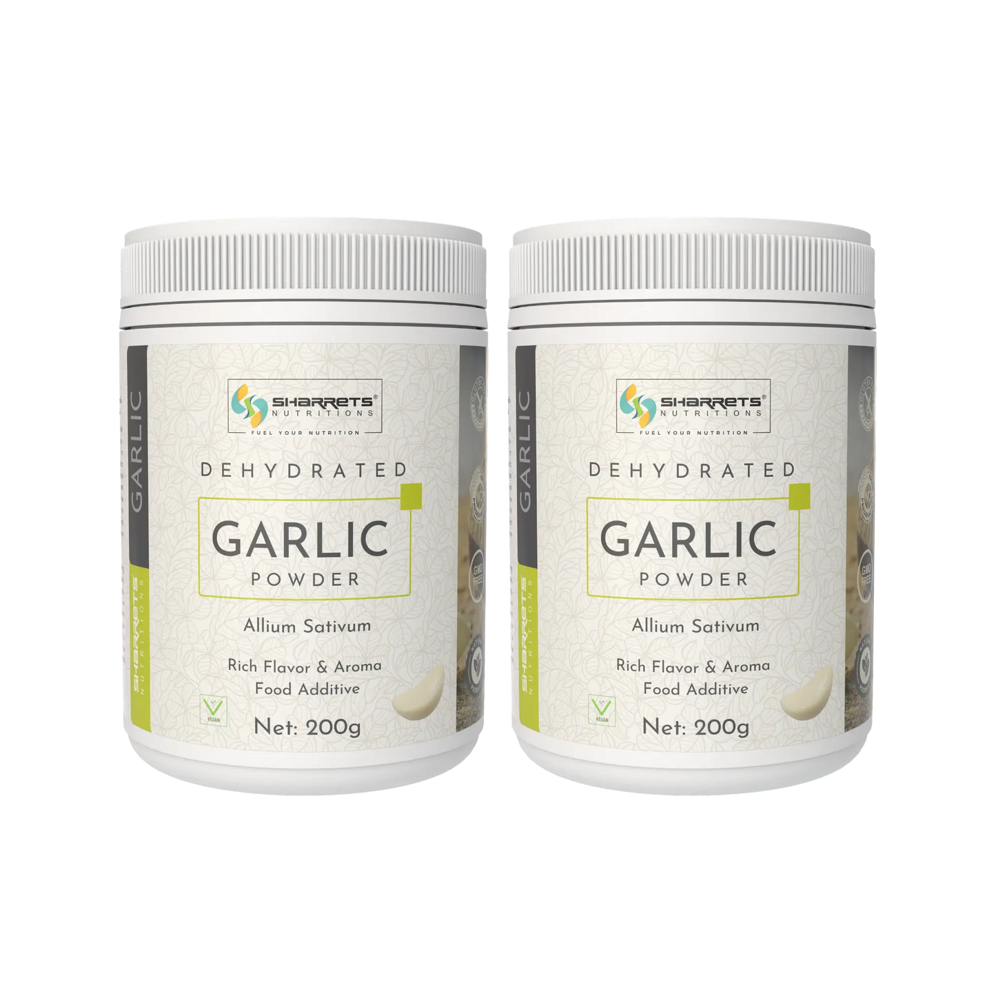 Two containers of Sharrers Dehydrated Garlic Powder on a white background