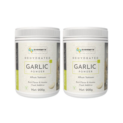 Two containers of Sharrers Dehydrated Garlic Powder on a white background