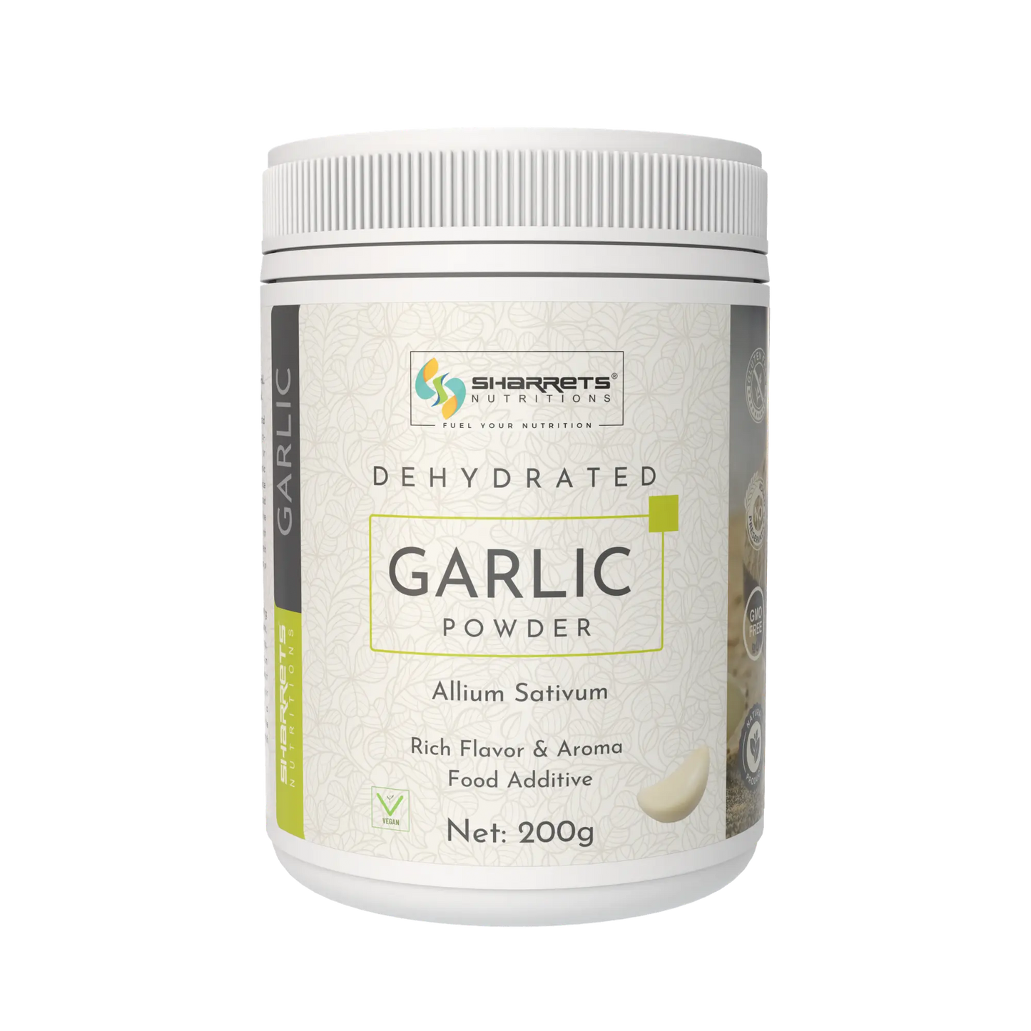 Pure Dehydrated Garlic Powder 200g by Sharrets Nutritions natural garlic powder made from premium garlic cloves for seasoning, cooking and spice blends