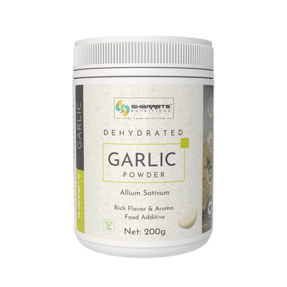 Pure Dehydrated Garlic Powder 200g by Sharrets Nutritions natural garlic powder made from premium garlic cloves for seasoning, cooking and spice blends