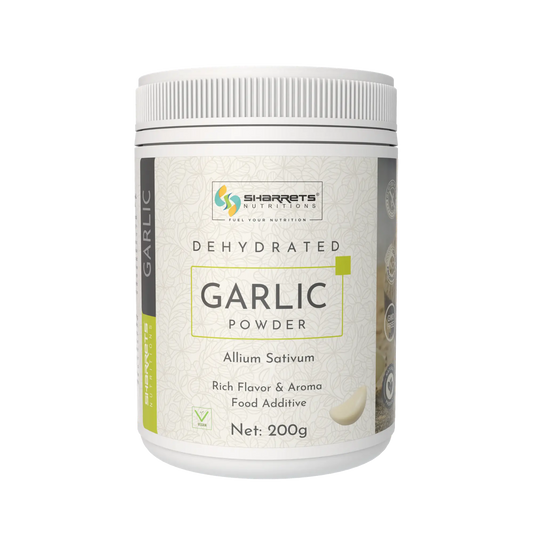 Pure Dehydrated Garlic Powder 200g by Sharrets Nutritions natural garlic powder made from premium garlic cloves for seasoning, cooking and spice blends