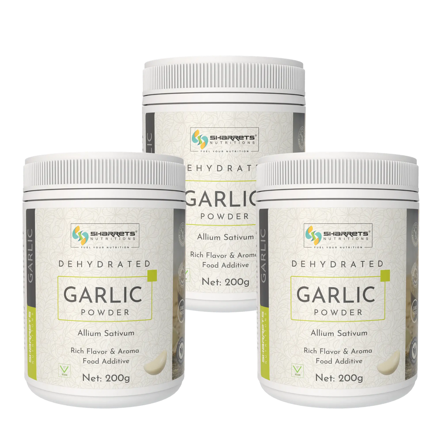 Three containers of Sharrets Dehydrated Garlic Powder on a white background