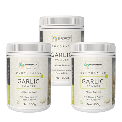 Three containers of Sharrets Dehydrated Garlic Powder on a white background