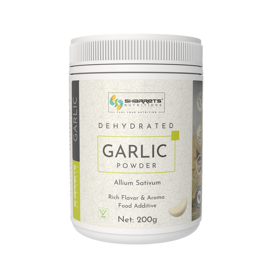 Dehydrated garlic powder container with Sharrets label on a white background