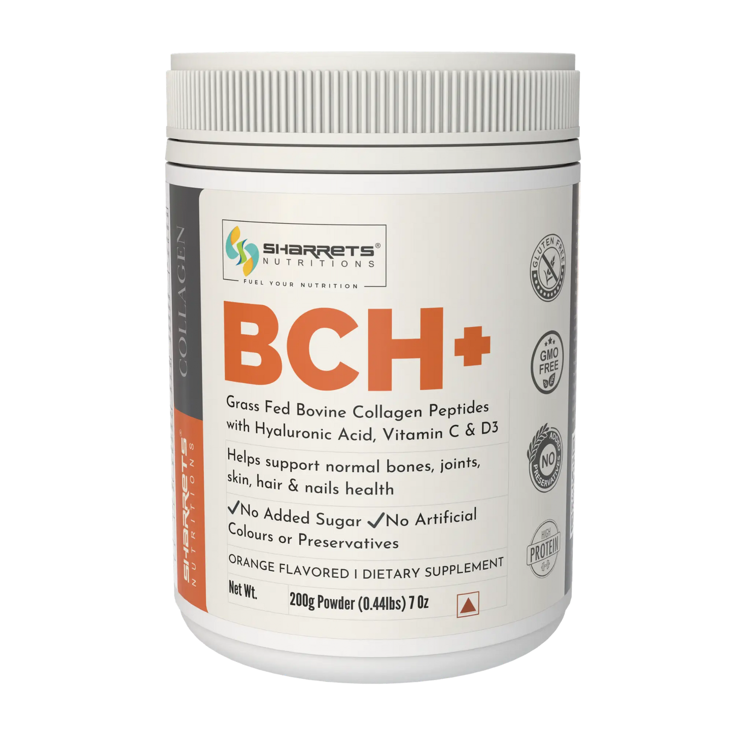Sharrets Nutritions BCH+ Orange flavored bovine collagen peptides supplement with hyaluronic acid, vitamin C and D3 in a 200g container on a transparent background