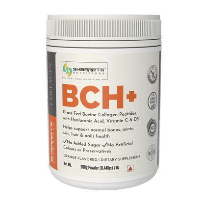Sharrets Nutritions BCH+ Orange flavored bovine collagen peptides supplement with hyaluronic acid, vitamin C and D3 in a 200g container on a transparent background
