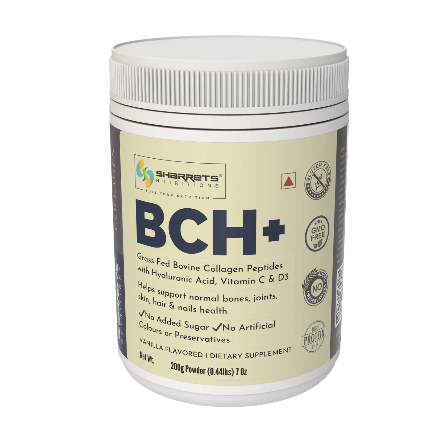 Sharrets Nutritions BCH+ vanilla flavored bovine collagen peptides supplement with hyaluronic acid, vitamin C and D3 in a 200g container on a transparent background