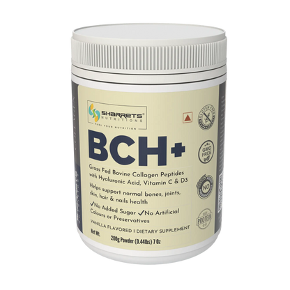Sharrets Nutritions BCH+ vanilla flavored bovine collagen peptides supplement with hyaluronic acid, vitamin C and D3 in a 200g container on a transparent background