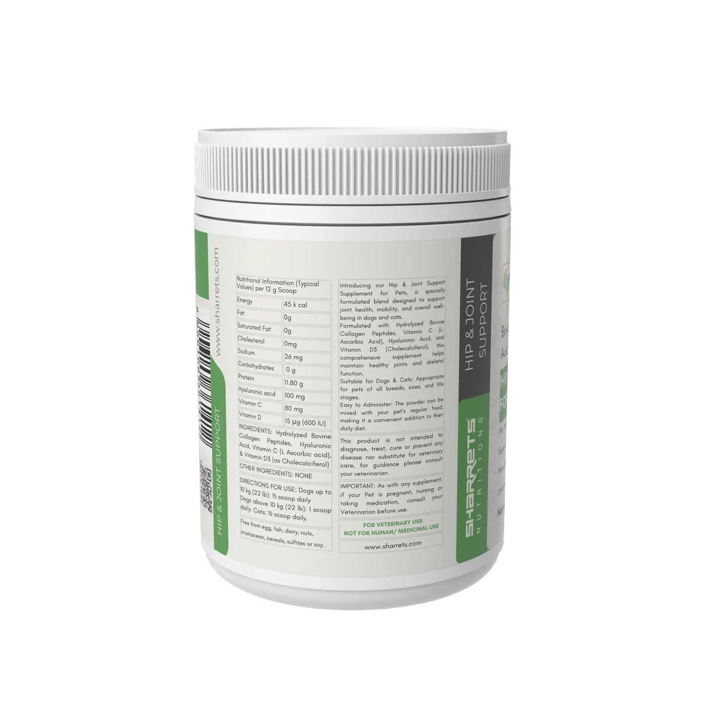 Hip and Joint Support Supplement for Dogs and Cats Nutritional Facts and Ingredients Label