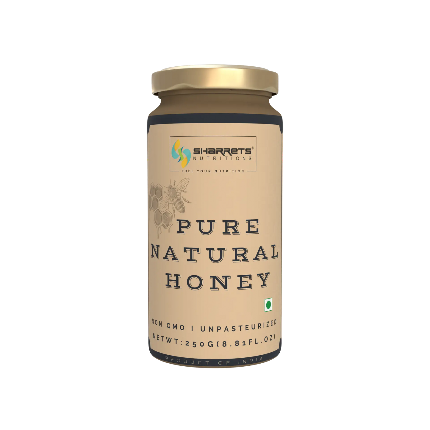Jar of pure natural honey with Sharrets Nutritions branding on a white background