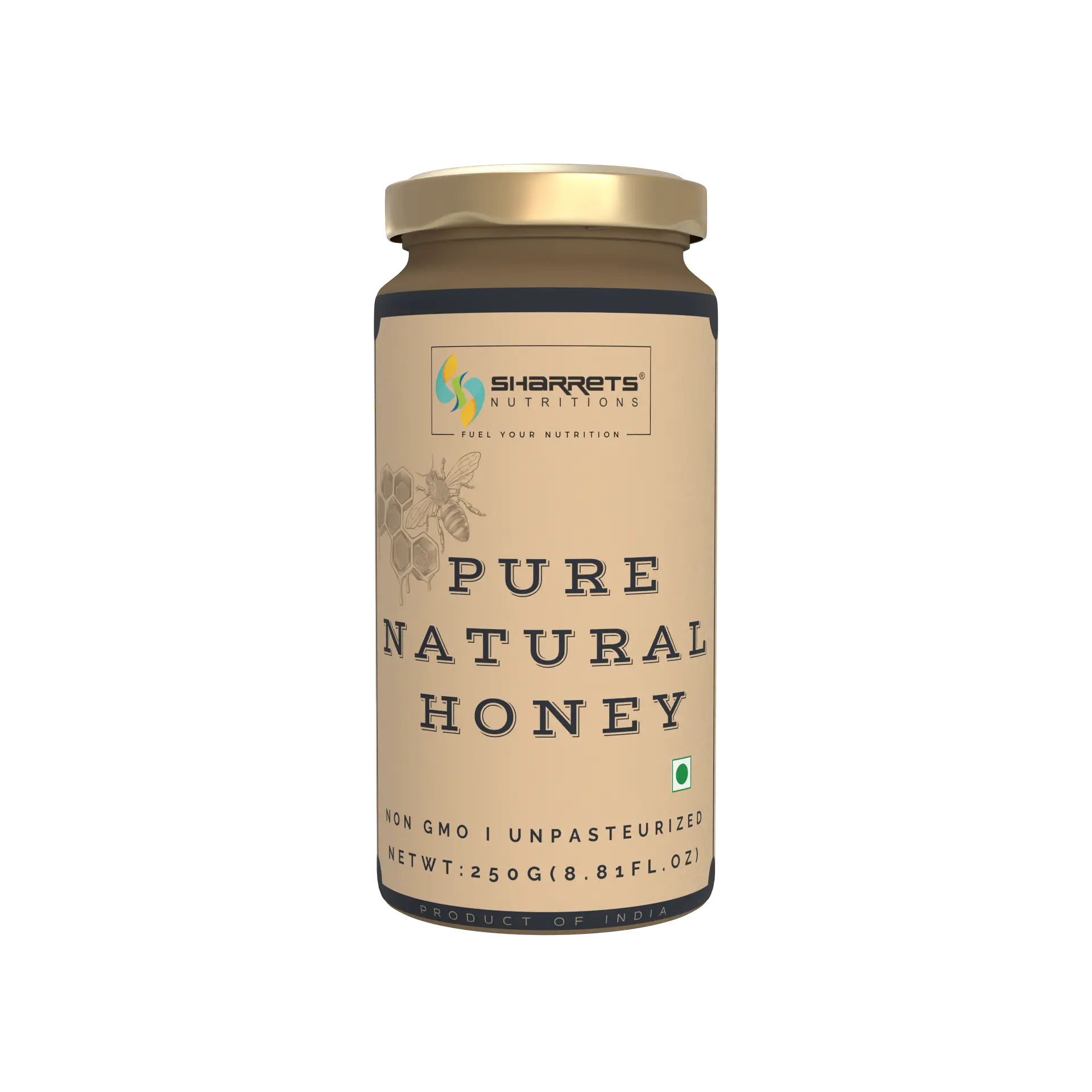 Jar of pure natural honey with Sharrets Nutritions branding on a white background