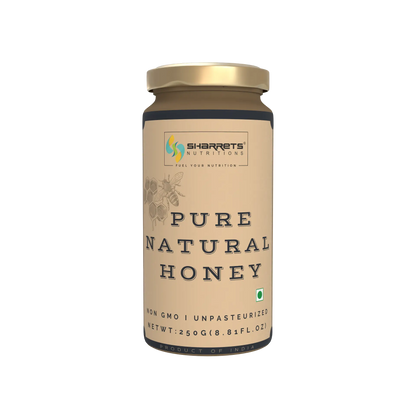 Jar of pure natural honey with Sharrets Nutritions branding on a white background