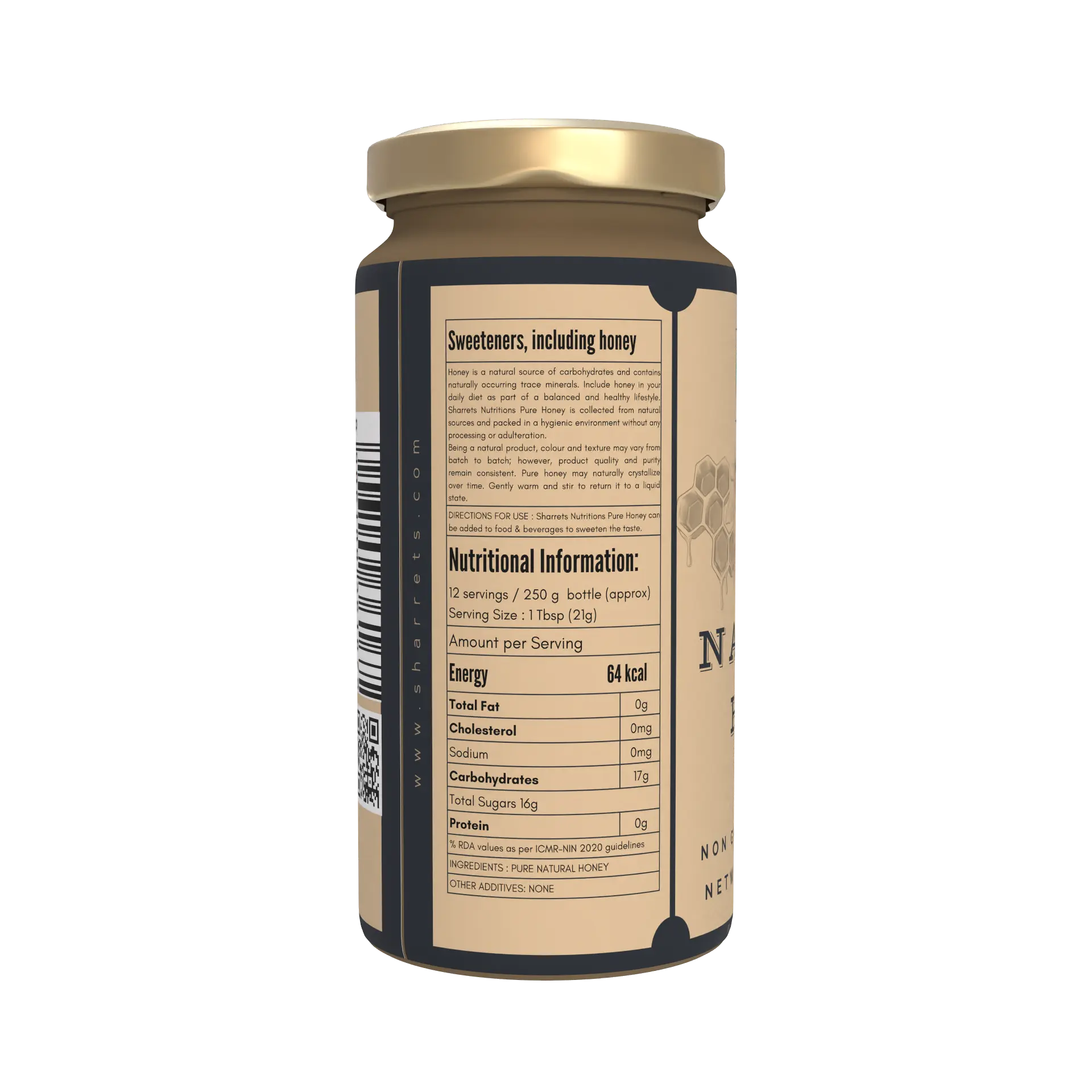 Jar of sharrets honey with nutritional information label on a white background