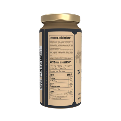 Jar of sharrets honey with nutritional information label on a white background