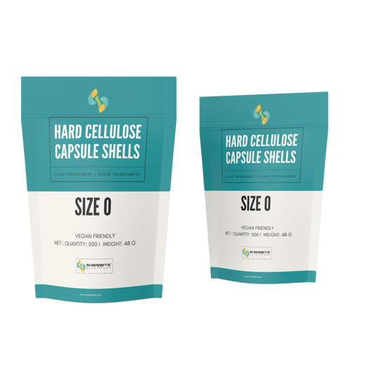 Two packages of sharrets hard cellulose capsule shells on a white background