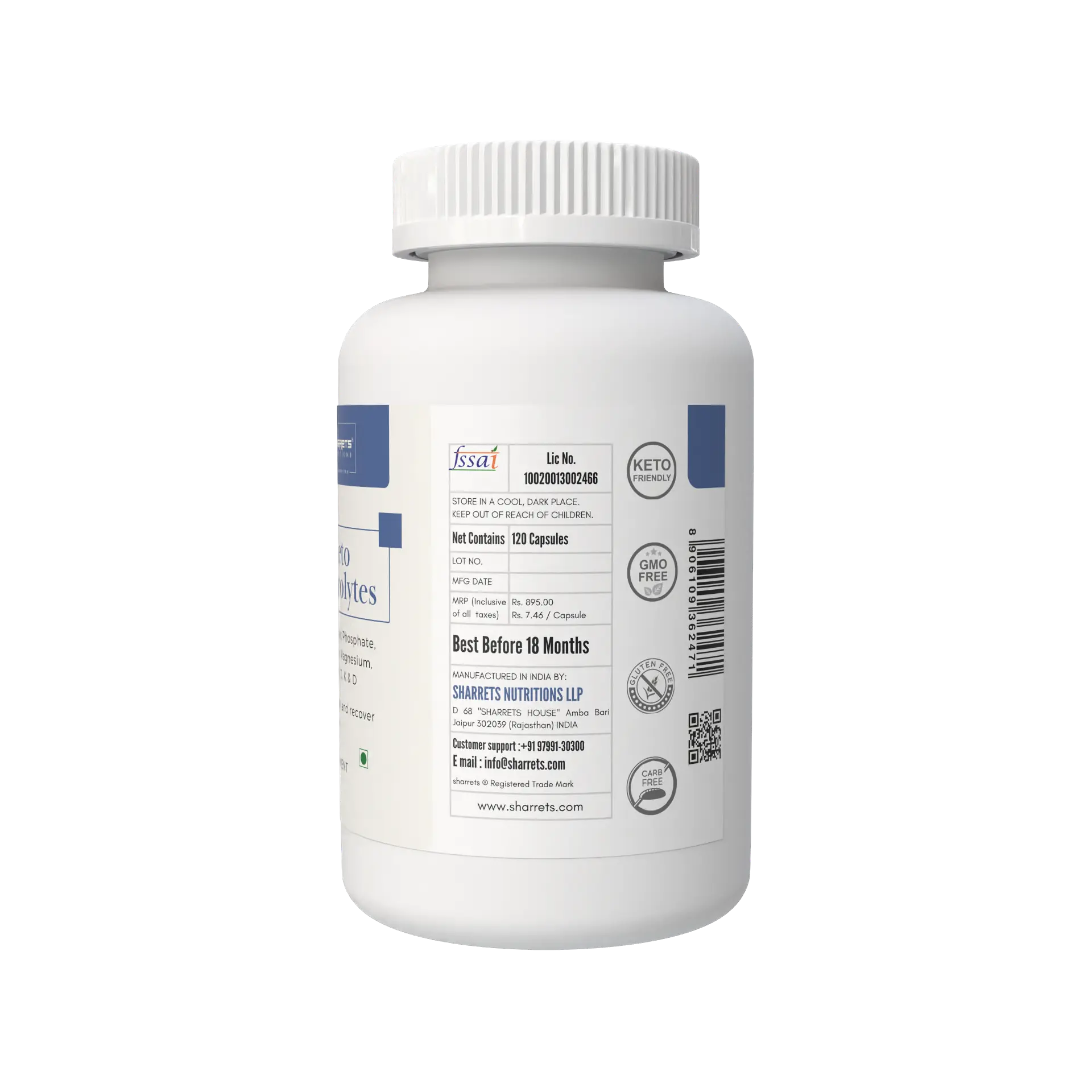 Keto electrolytes supplement capsules packaging panel showing FSSAI license manufacturer address batch and lot details Sharrets Nutritions