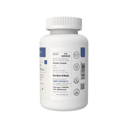 Keto electrolytes supplement capsules packaging panel showing FSSAI license manufacturer address batch and lot details Sharrets Nutritions