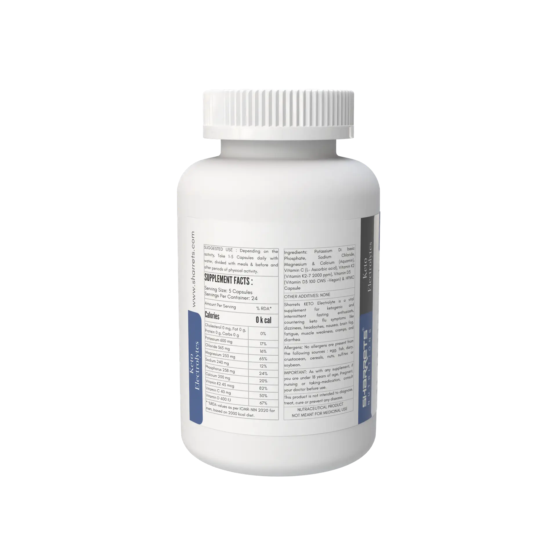 Keto electrolytes supplement capsules supplement facts and ingredients panel showing potassium magnesium sodium and electrolyte blend