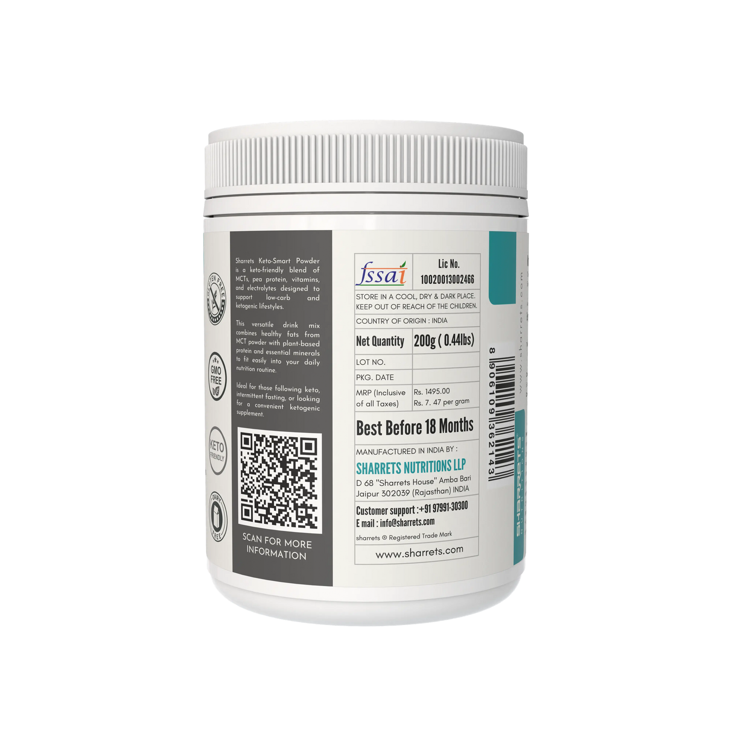 Keto Smart MCT protein electrolytes powder packaging panel showing FSSAI license manufacturer address batch and lot details Sharrets Nutritions