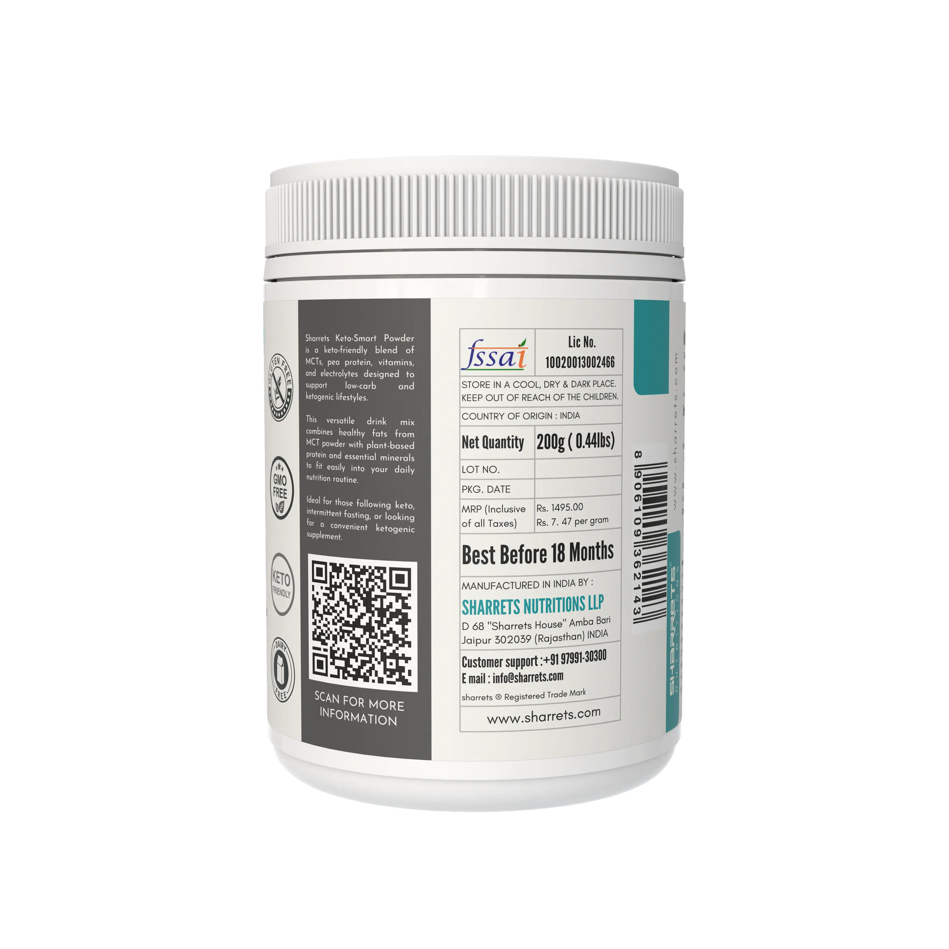 Keto Smart MCT protein electrolytes powder packaging panel showing FSSAI license manufacturer address batch and lot details Sharrets Nutritions