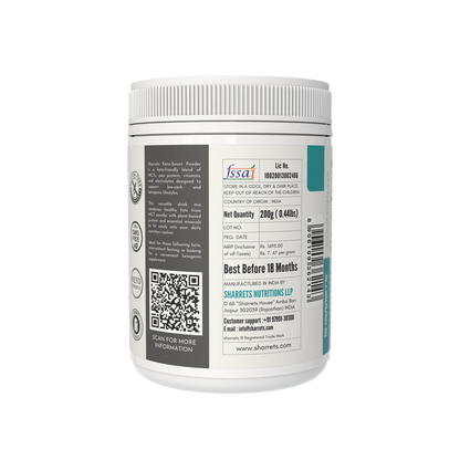 Keto Smart MCT protein electrolytes powder packaging panel showing FSSAI license manufacturer address batch and lot details Sharrets Nutritions