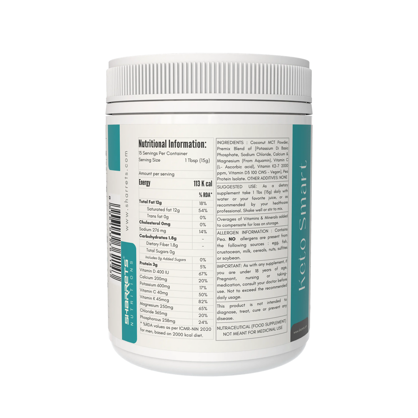Keto Smart MCT protein and electrolytes powder nutrition facts and ingredients panel showing MCT powder pea protein and electrolyte blend