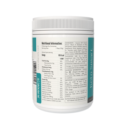 Keto Smart MCT protein and electrolytes powder nutrition facts and ingredients panel showing MCT powder pea protein and electrolyte blend