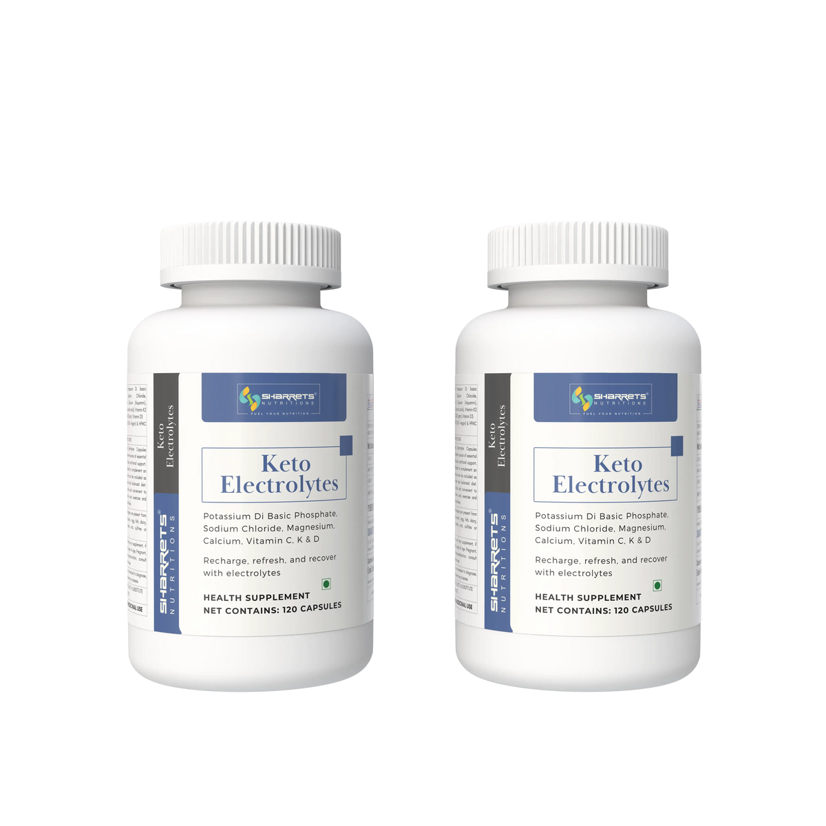 Two Sharrets Keto Electrolytes 120-capsule bottles displayed side by side, showing the front product labels.