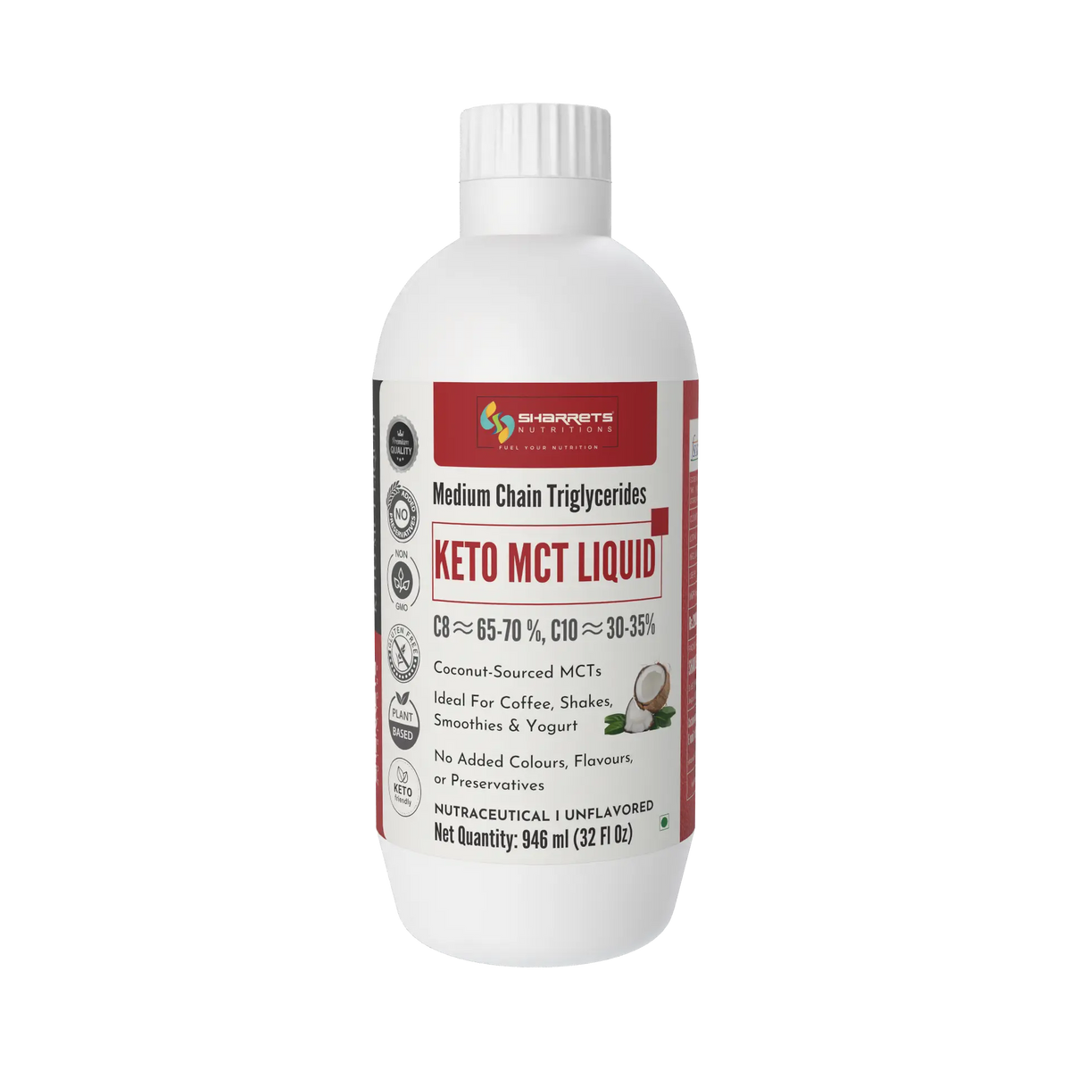 Sharrets KETO MCT LIQUID 70:30 – Medium Chain Triglycerides MCT Oil, Coconut-Sourced, Unflavoured- 946ml