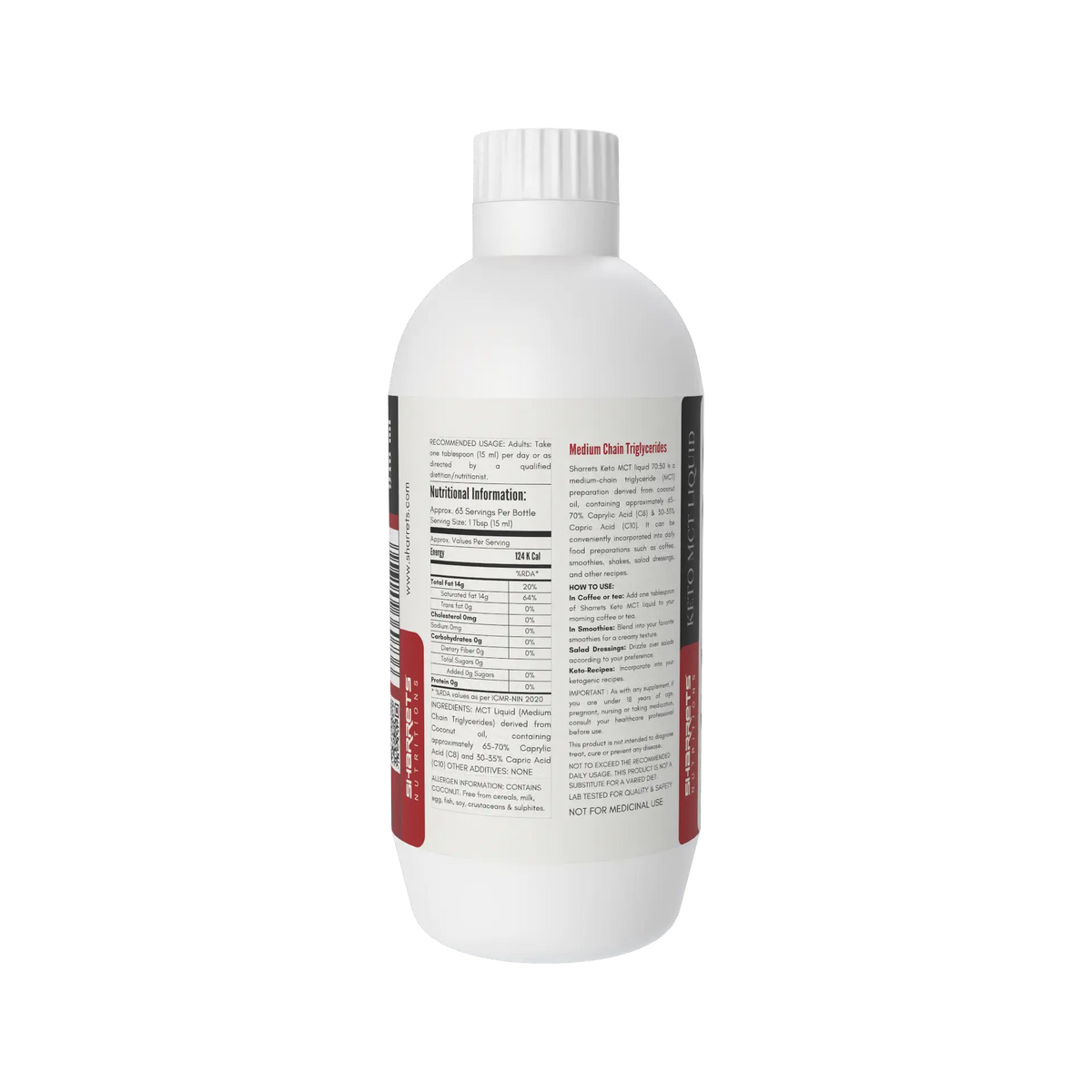 Sharrets CKeto MCT Oil Liquid 946 ml packaging information including usage directions, nutritional information, ingredients and coconut-derived C8 C10 medium chain triglycerides
