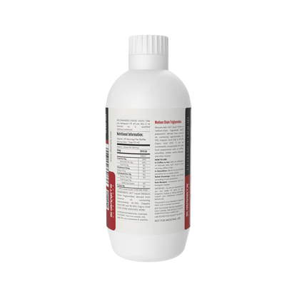 Sharrets CKeto MCT Oil Liquid 946 ml packaging information including usage directions, nutritional information, ingredients and coconut-derived C8 C10 medium chain triglycerides