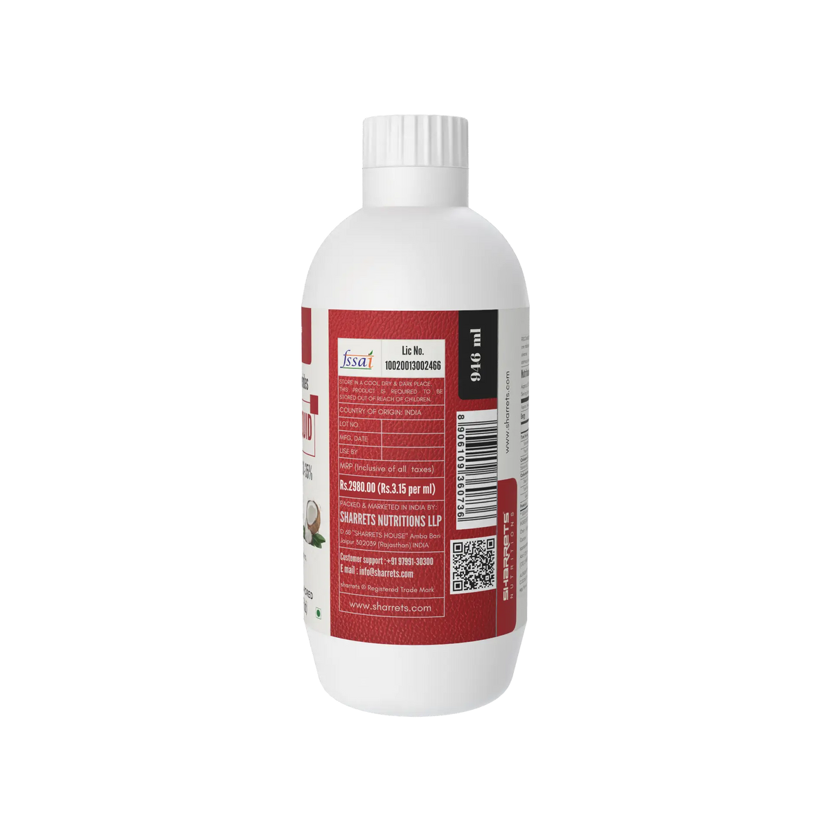 Sharrets Keto MCT oil Liquid 946 ml packaging side panel showing coconut-sourced MCT oil, approximately 70% C8 and 30% C10, unflavoured formulation