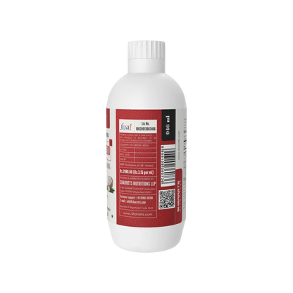Sharrets Keto MCT oil Liquid 946 ml packaging side panel showing coconut-sourced MCT oil, approximately 70% C8 and 30% C10, unflavoured formulation