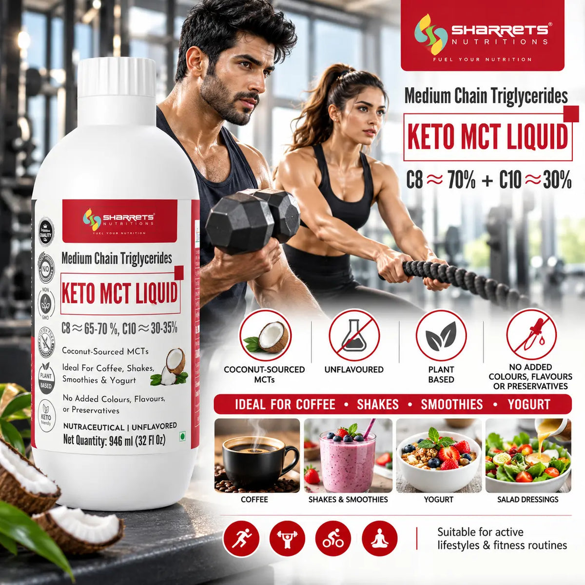 Sharrets Keto MCT oil Liquid with approximately 70% C8 and 30% C10, coconut-sourced MCT oil suitable for coffee, smoothies, shakes, yogurt and dietary use