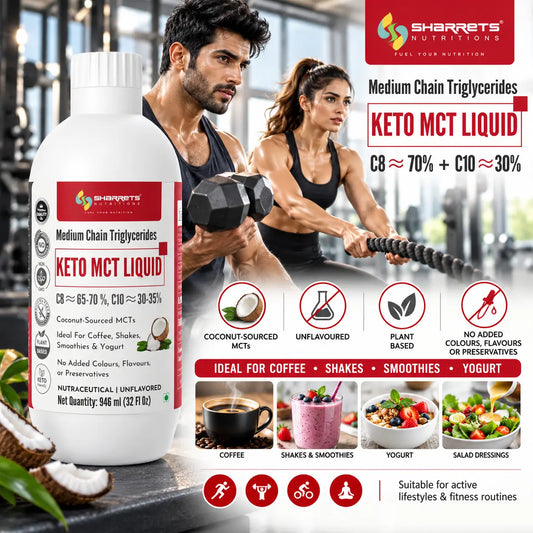 Sharrets Keto MCT oil Liquid with approximately 70% C8 and 30% C10, coconut-sourced MCT oil suitable for coffee, smoothies, shakes, yogurt and dietary use