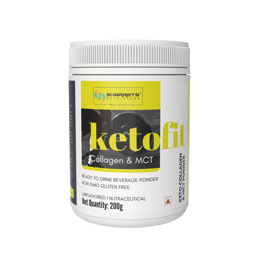 Sharrets KETO-FIT Collagen & MCT Powder 200 g, unflavoured blend of hydrolyzed Type I fish collagen peptides and coconut MCT powder, in a white container with a yellow, white and navy label.
