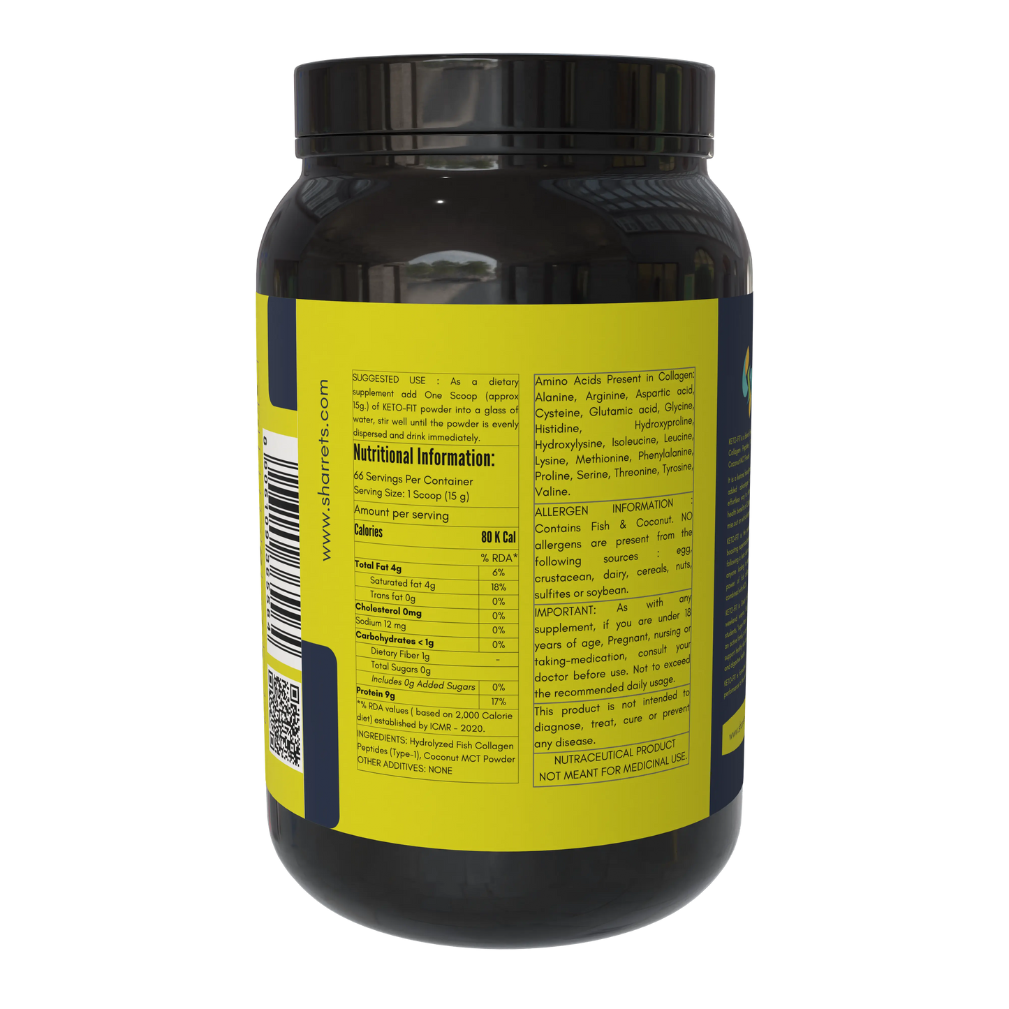 Ketofit MCT collagen powder packaging panel showing FSSAI license manufacturer address batch and lot number Sharrets Nutritions