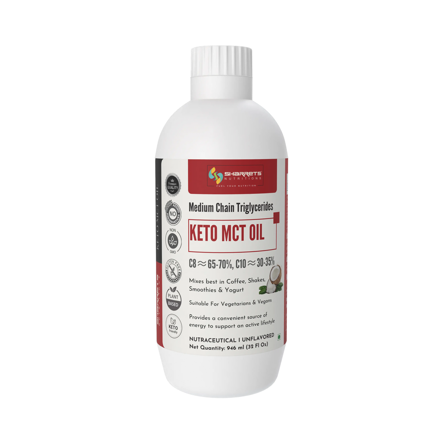 Bottle of sharrets Keto MCT Oil on a white background