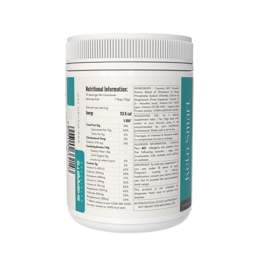 Nutritional information label on a supplement container with a white background