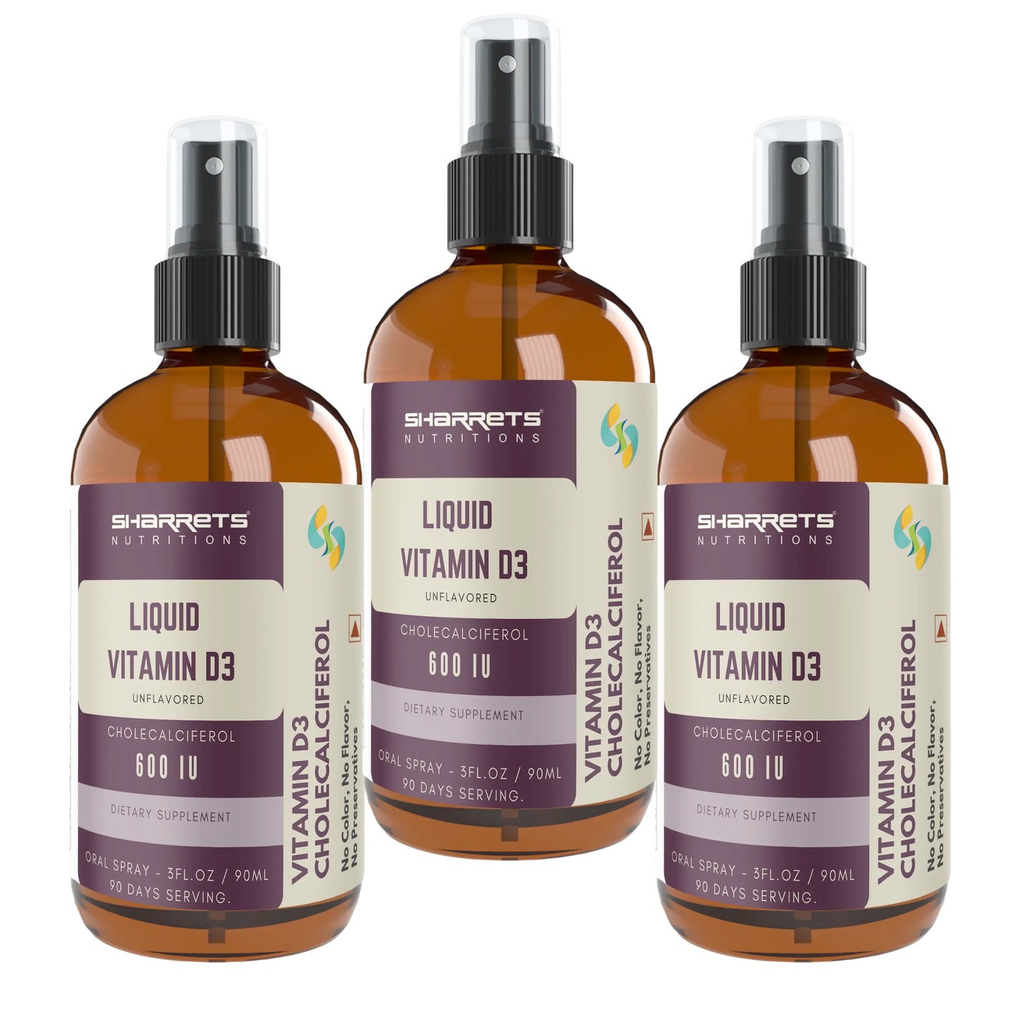 Liquid Vitamin D3 Oral Spray 600 IU (ICMR RDA) – Vitamin D3 Spray Supplement 90 ml x 3 Bottles Pack