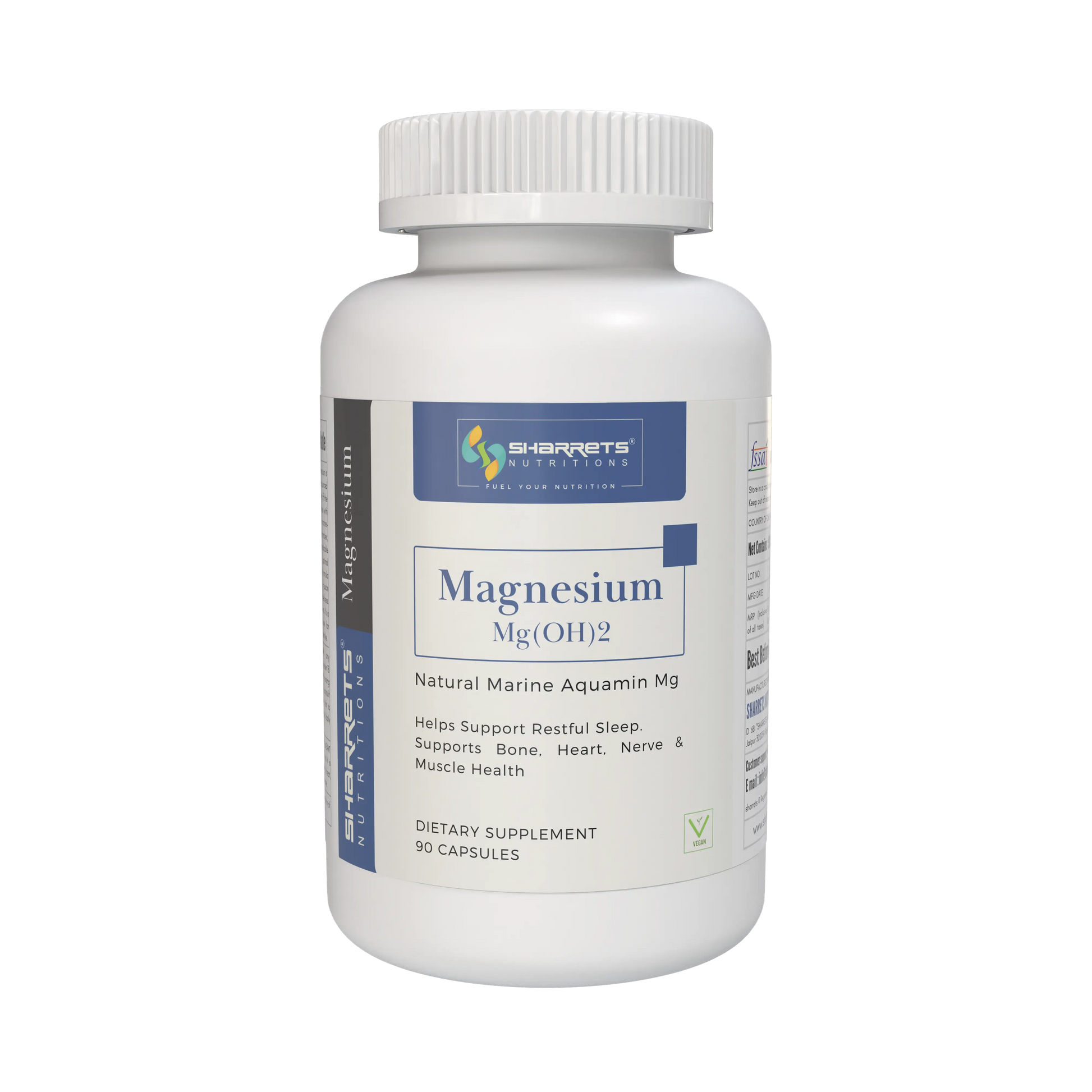 Supplement bottle labeled 'Magnesium Mg(OH)2' with Sharrets label on a white background