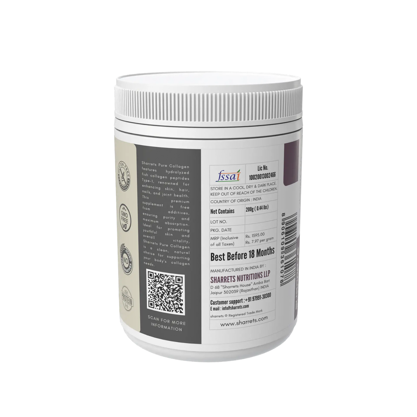 Marine collagen powder packaging panel showing FSSAI license manufacturer address batch and lot number Sharrets Nutritions