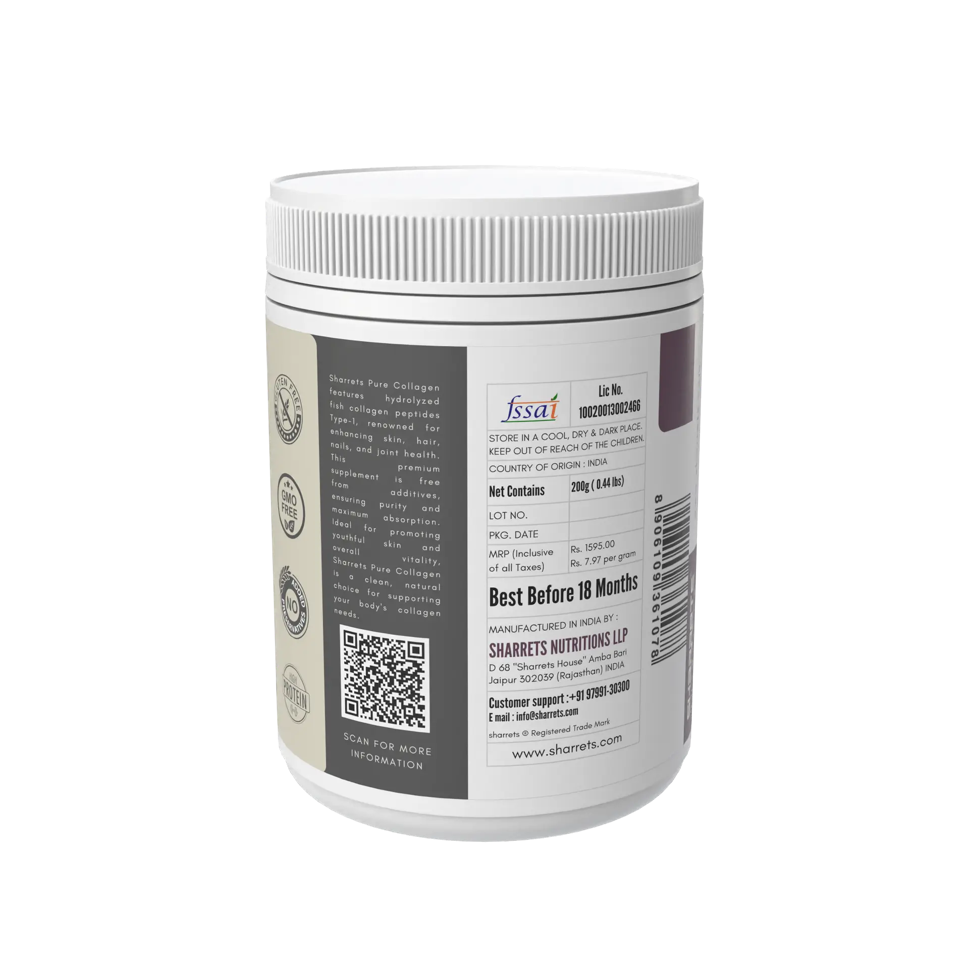 Marine collagen powder packaging panel showing FSSAI license manufacturer address batch and lot number Sharrets Nutritions