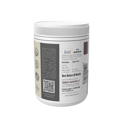 Marine collagen powder packaging panel showing FSSAI license manufacturer address batch and lot number Sharrets Nutritions