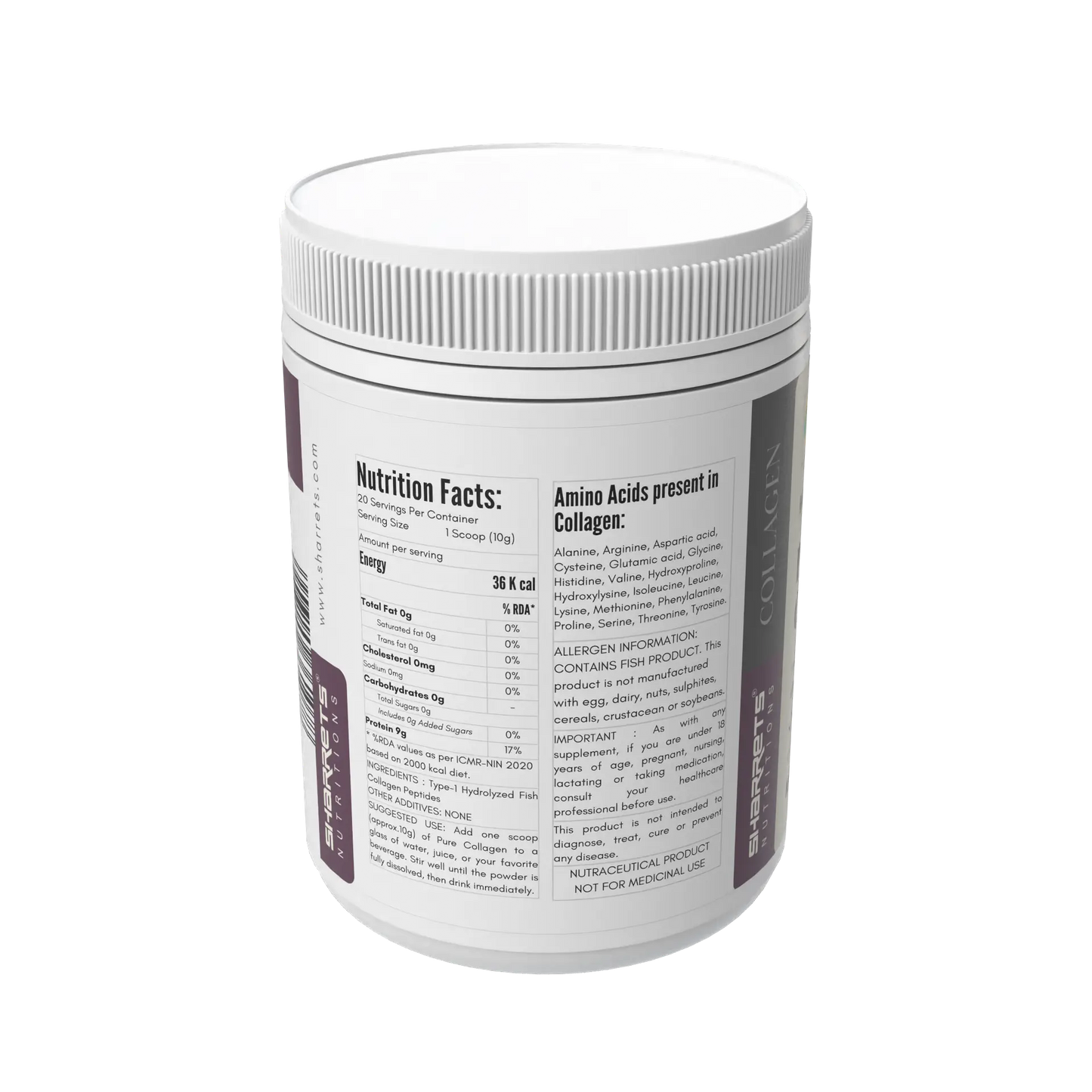 Marine collagen powder nutrition facts and ingredients panel showing hydrolyzed fish collagen peptides by Sharrets Nutritions