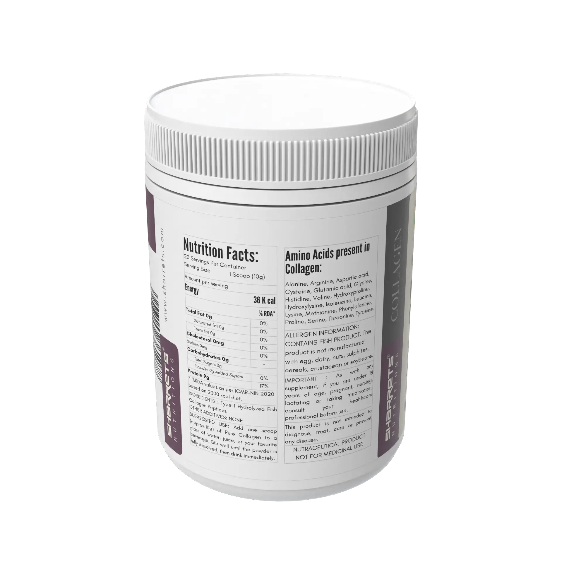 Marine collagen powder nutrition facts and ingredients panel showing hydrolyzed fish collagen peptides by Sharrets Nutritions