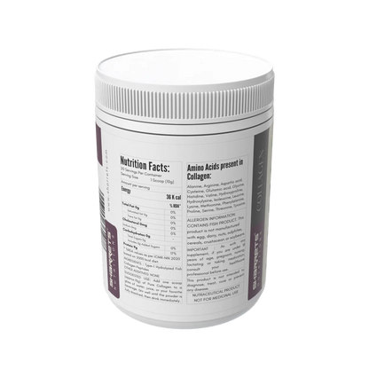 Marine collagen powder nutrition facts and ingredients panel showing hydrolyzed fish collagen peptides by Sharrets Nutritions